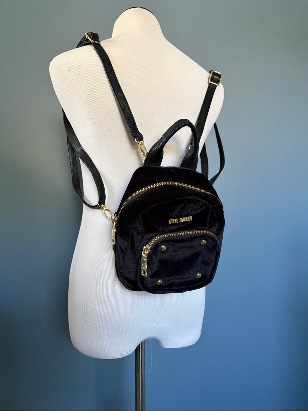 Steve Madden Convertable Black Velvet Mini Backpack